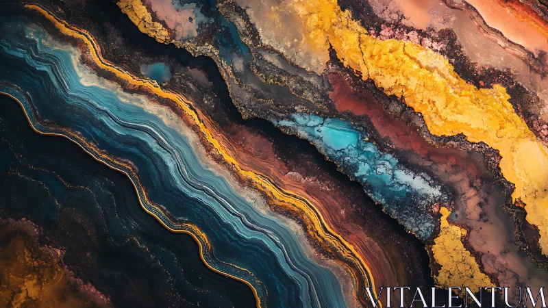 Layered mineral strata abstraction with fluid-marbled chromatic bands