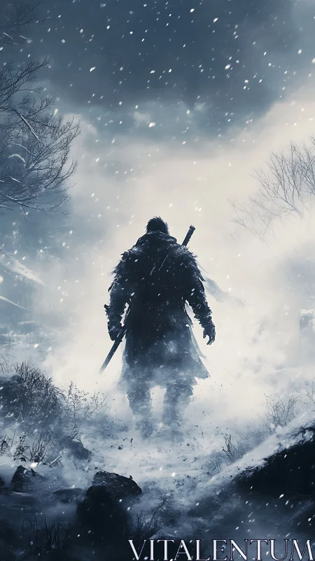 Lone winter warrior strides through a storm of silent steel.