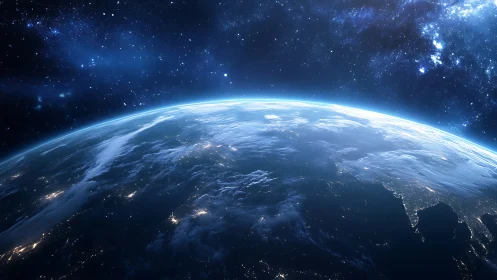 Gentle blue Earth curves into view beneath a starlit cosmic sky