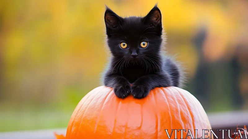 Black Kitten with Golden Eyes Perched on a Bright Orange Pumpkin