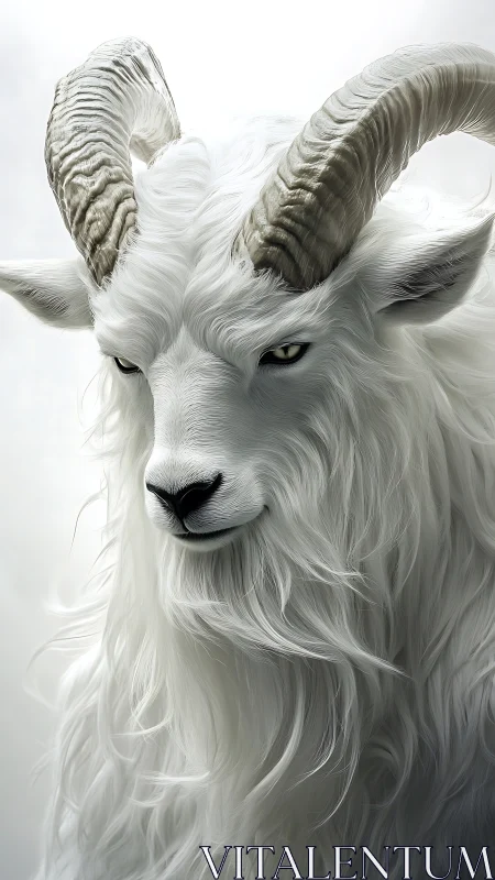 White long-haired goat portrait with curved horns.