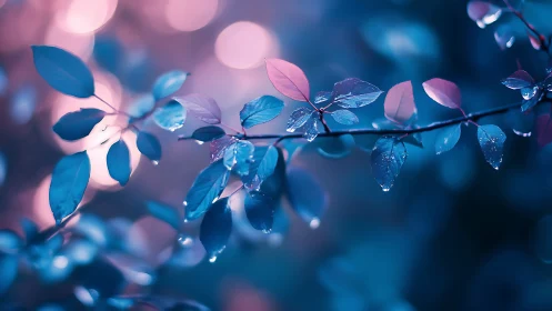 Dreamy dew-kissed leaves glow in gentle pink and blue light
