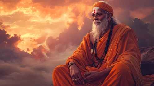 Elderly robed figure seated against illuminated clouded sky.