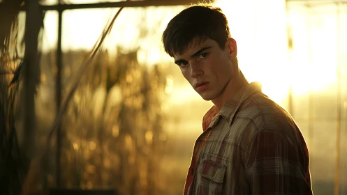 Moody young man in sunset backlight portrait scene.