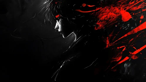 Monochrome profile fractured by ballistic red paint vectors.