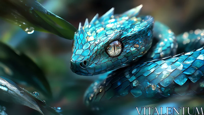 Blue jeweled viper coiled in dense wet jungle foliage.
