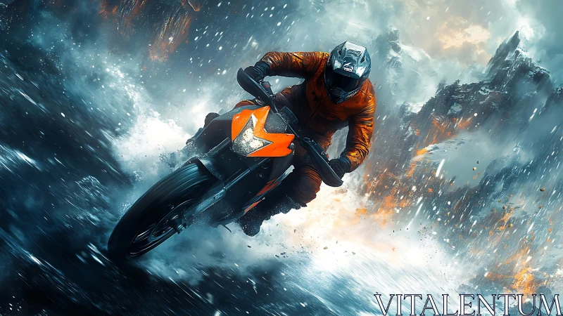 High-speed sport motorcycle cornering through storm-lashed glacial canyon