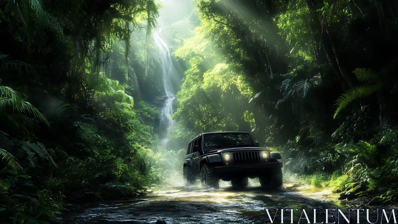 Off-road jeep cuts through luminous jungle waterfall trail.