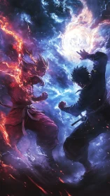 Elemental duel ignites swirling cosmos of fire and storm.