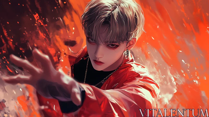 Male figure extends hand amid dynamic red digital brushwork