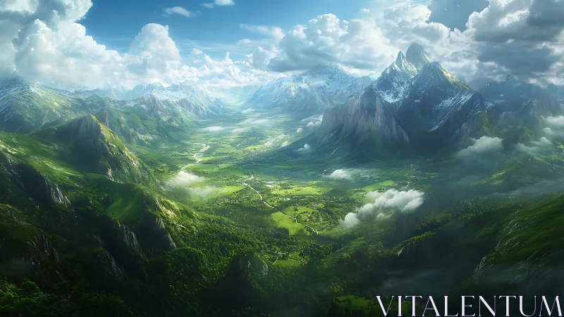 Emerald valley unfolding beneath snow crowned titan peaks.