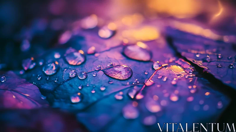 Neon raindrops on leaf macro with vivid bokeh glow.