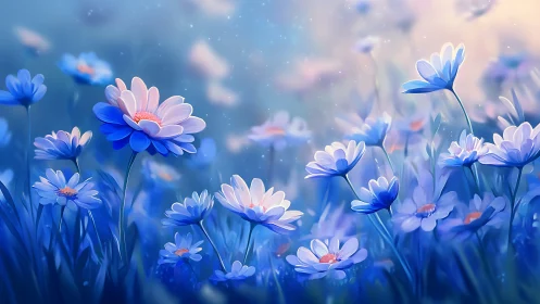 Blue Daisy Flowers Field with Soft Bokeh Background