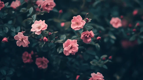 Pink garden roses bloom in moody dark foliage.