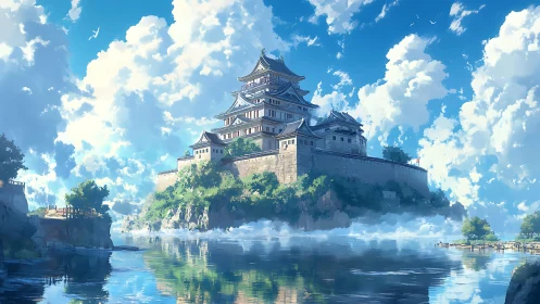 Castle on lakeside cliff under broad cloudy sky.