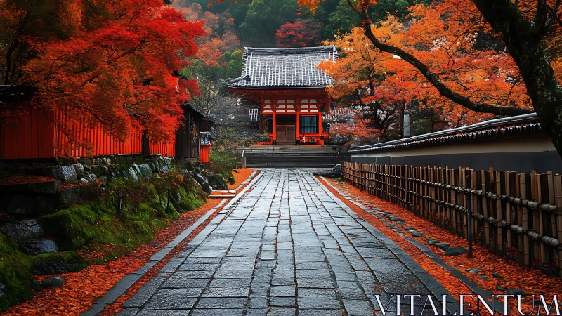 Photorealistic temple approach framed by autumn foliage symmetry.