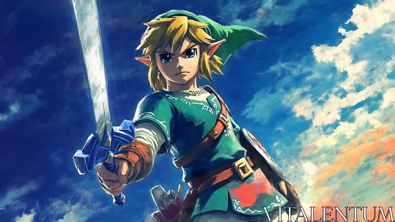 Heroic swordsman in green tunic against vivid sky backdrop.
