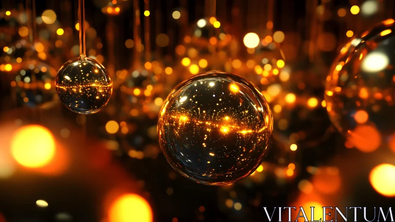 Suspended reflective spheres with golden light bokeh field.