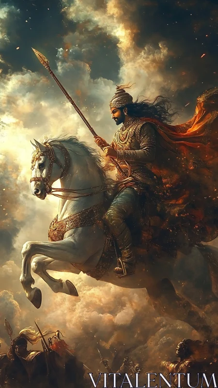 Armored cavalry warrior on rearing white horse in stormlit battle