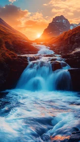 High dynamic range cascade under saturated alpine sunset glow