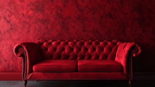 Red tufted velvet sofa sits against textured red wall