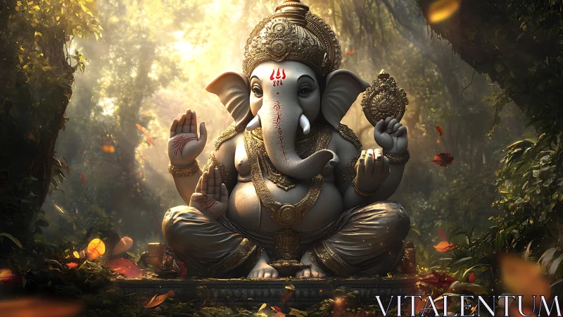 Divine Ganesha idol bathed in mystical forest light.