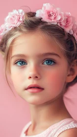 Young Girl with Pink Floral Crown Against Soft Rose Background.