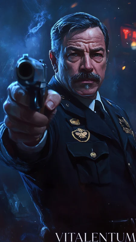 Commanding police officer aims handgun in cinematic chiaroscuro.