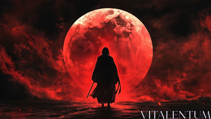Solitary warrior silhouetted before apocalyptic blood moon.