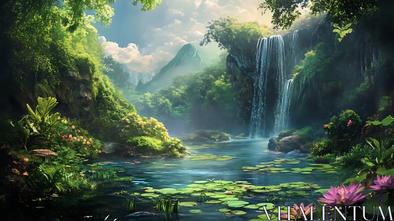 Lush rainforest waterfall oasis with glowing lily pond.