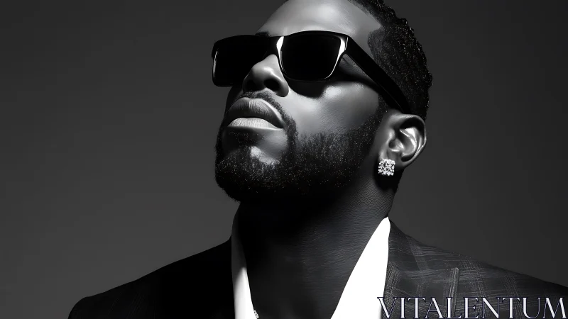 Monochrome portrait of man in sunglasses and suit jacket.