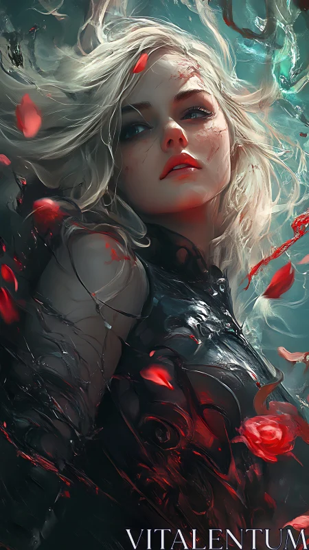 Warrior muse drifts in red rose storm and liquid shadow