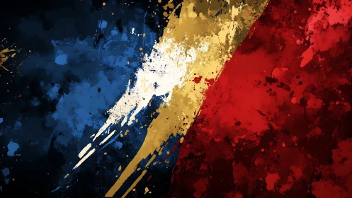 Diagonal tricolor paint splashes collide in bold motion.