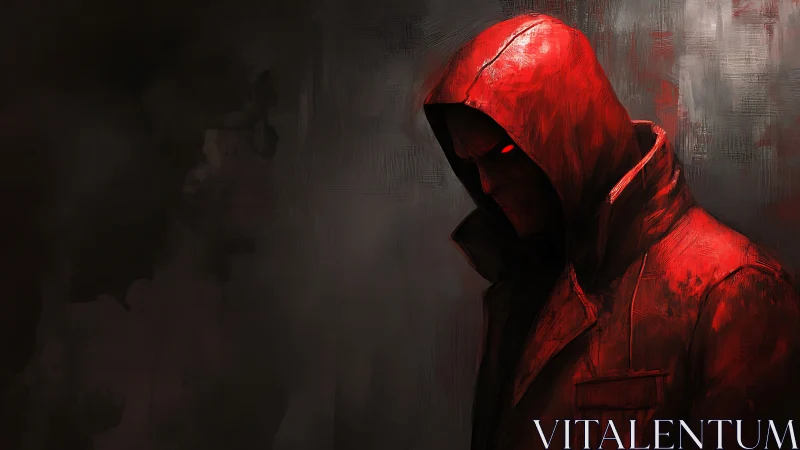 Red hooded wraith brooding in a storm of painted shadows.