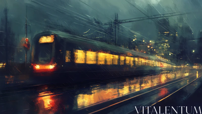 Electric train at night in rain with urban light reflections.