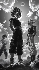 Monochrome Saiyan warriors under eclipsed celestial sky.