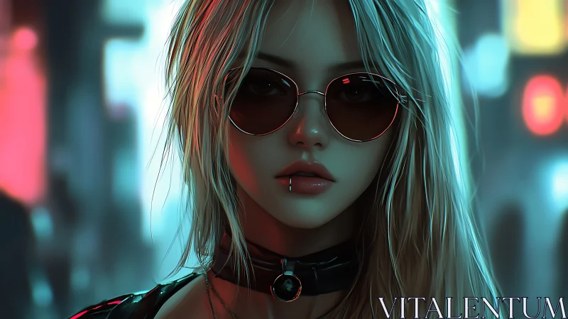 Cyberpunk girl in neon city lights stares defiantly ahead.