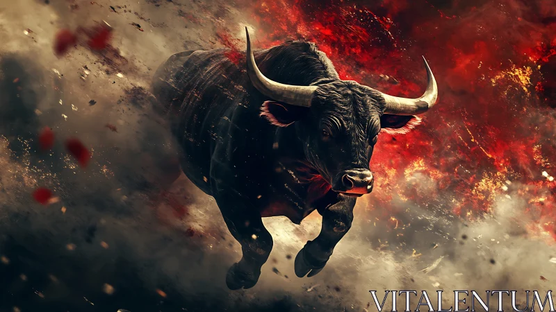 Powerful charging bull racing through swirling fire and dust.