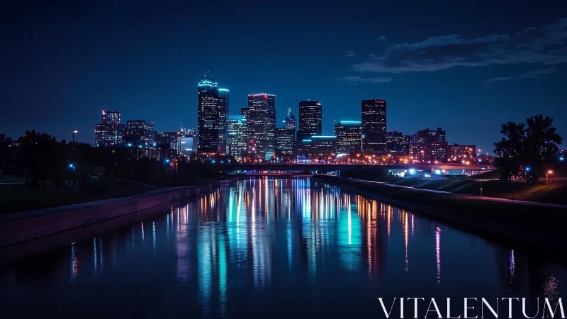 Nocturnal riverside skyline with neon urban light reflections