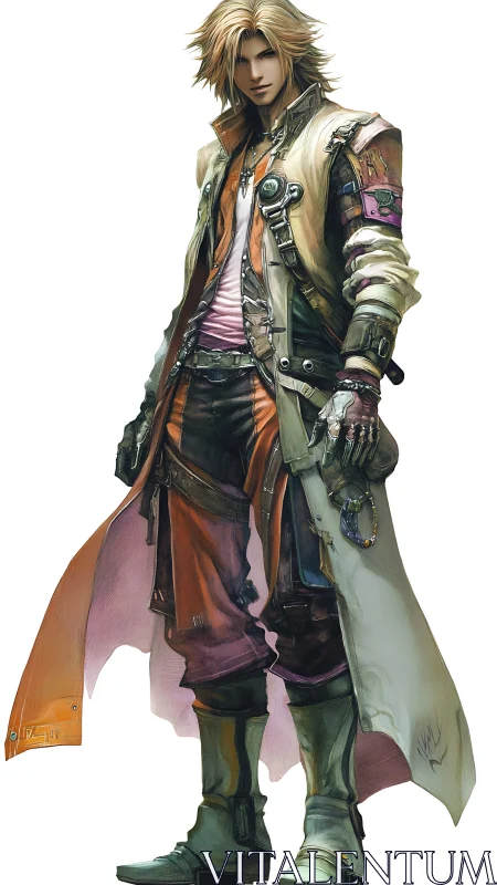 Rugged fantasy adventurer stands ready in layered battle coat