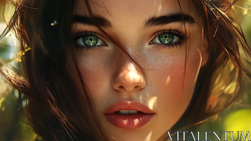 Close frontal portrait depicts digital female face in sunlight