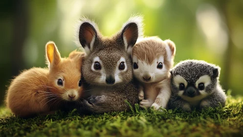 Group of stylized baby animals resting on forest floor.