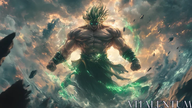 Mythic storm titan in luminescent atmospheric rupture field.