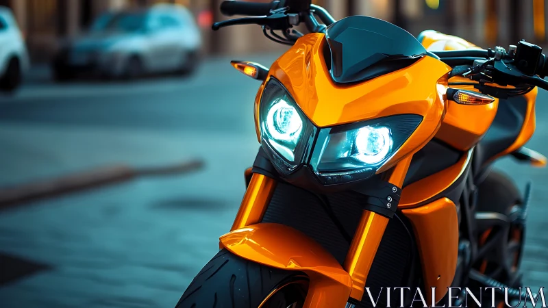 Orange streetfighter motorcycle with glowing LED headlights.
