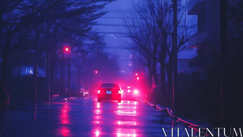 Neon backlit sedan on wet urban street under foggy blue hour