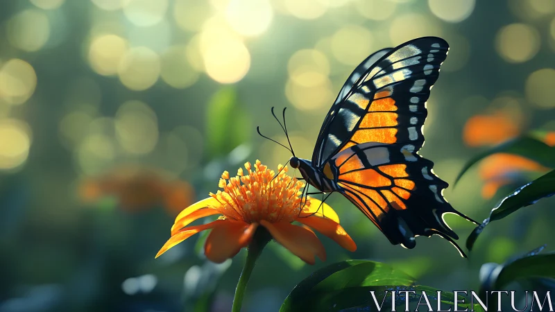 Sunlit butterfly poised on vivid orange blossom at dusk.