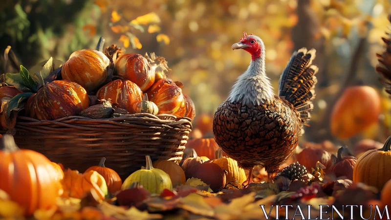 Autumn turkey beside wicker basket of pumpkins in soft bokeh.