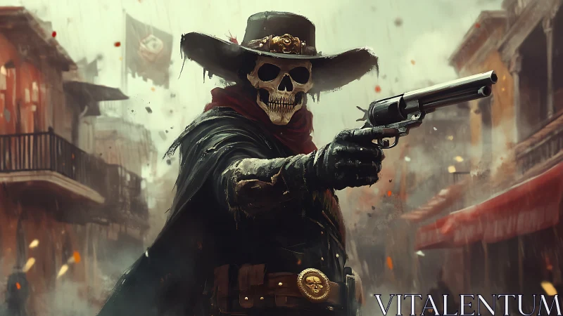 Gun-smoke dances as a skeletal gunslinger claims the street