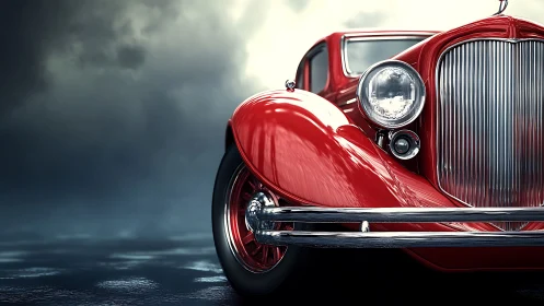 Radiant red classic car shining against stormy skies.