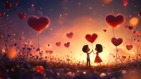 Two silhouettes holding glowing heart balloons in field at golden sunset.